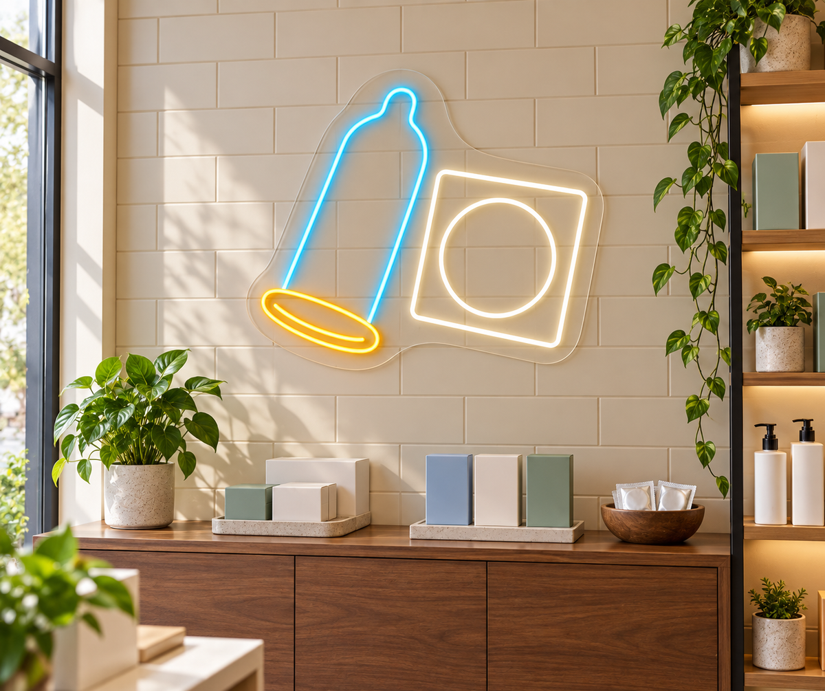 Condom & Wrapper LED Neon Sign for Family Planning Clinics - interior setting
