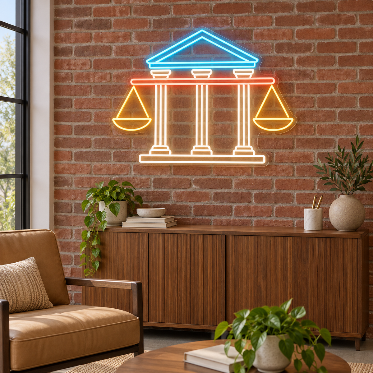 Courthouse & Balance Scales LED Neon Sign for Law Offices - interior setting