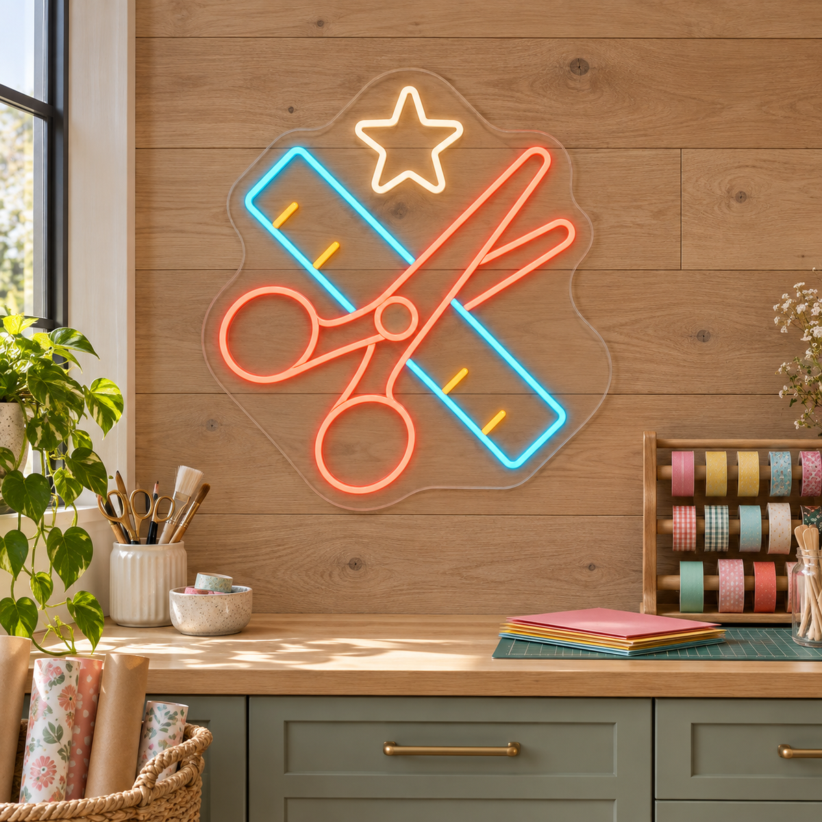 Scissors & Ruler LED Neon Sign for Makerspaces - interior setting