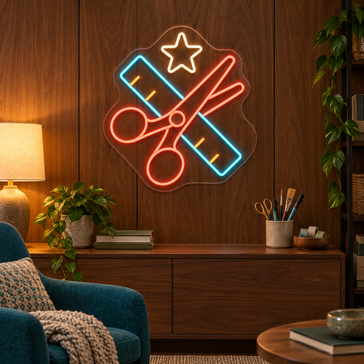 Scissors & Ruler LED Neon Sign for Makerspaces - interior setting
