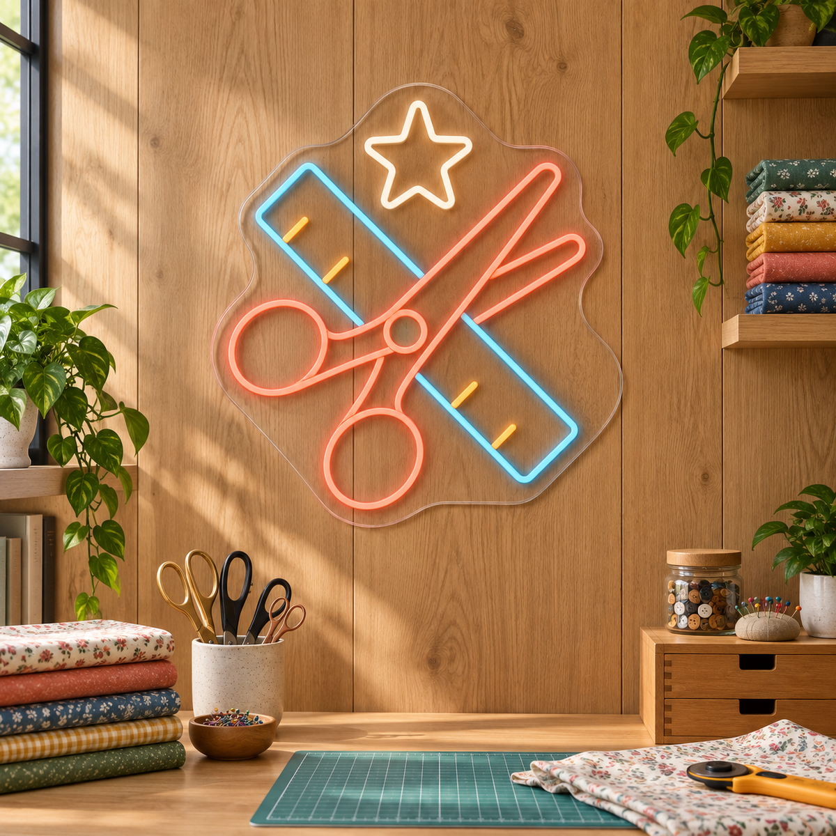 Scissors & Ruler LED Neon Sign for Makerspaces - interior setting