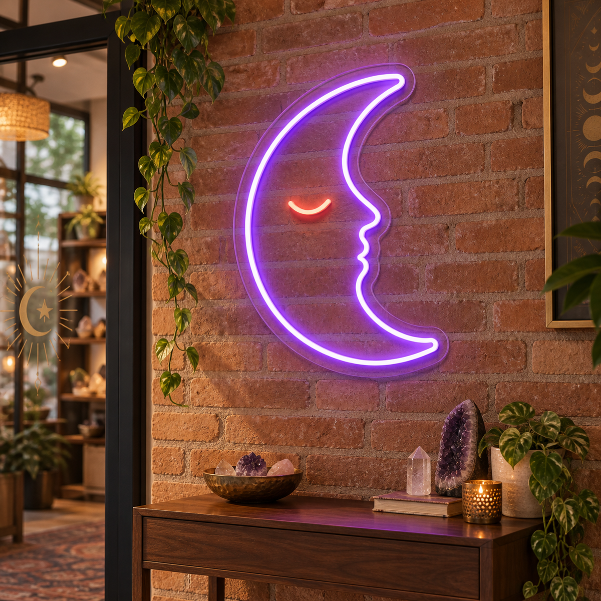 Crescent Moon Face LED Neon Sign for Celestial Spaces - interior setting