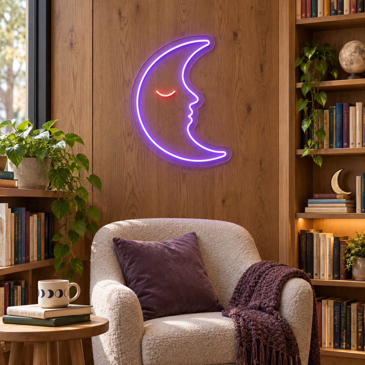 Crescent Moon Face LED Neon Sign for Celestial Spaces - interior setting