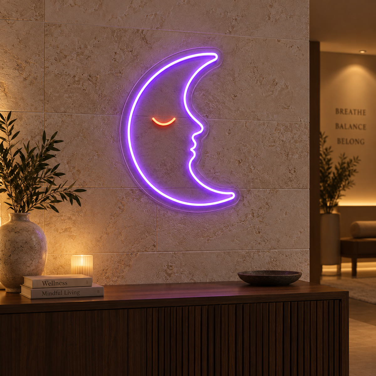 Crescent Moon Face LED Neon Sign for Celestial Spaces - interior setting