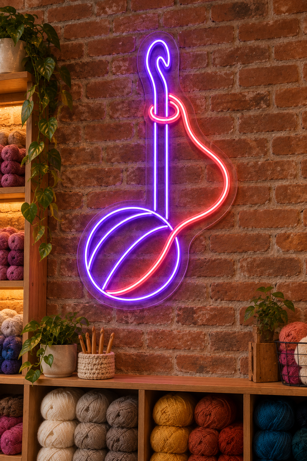 Crochet Hook and Yarn LED Neon Sign for Crochet Spaces - interior setting
