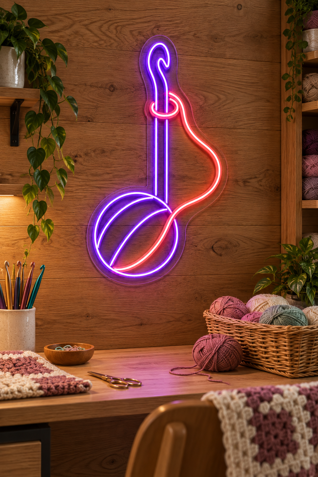 Crochet Hook and Yarn LED Neon Sign for Crochet Spaces - interior setting