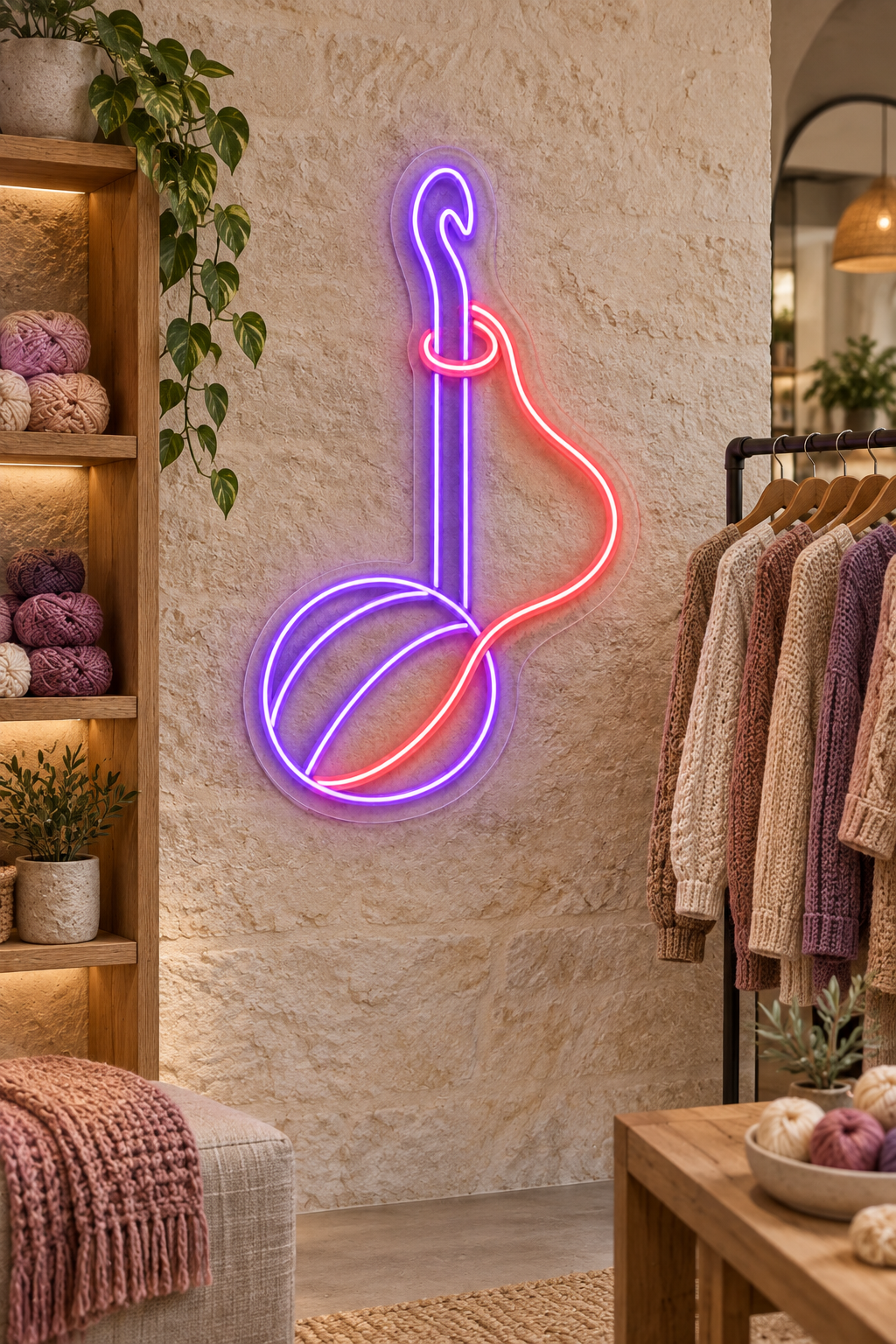 Crochet Hook and Yarn LED Neon Sign for Crochet Spaces - interior setting