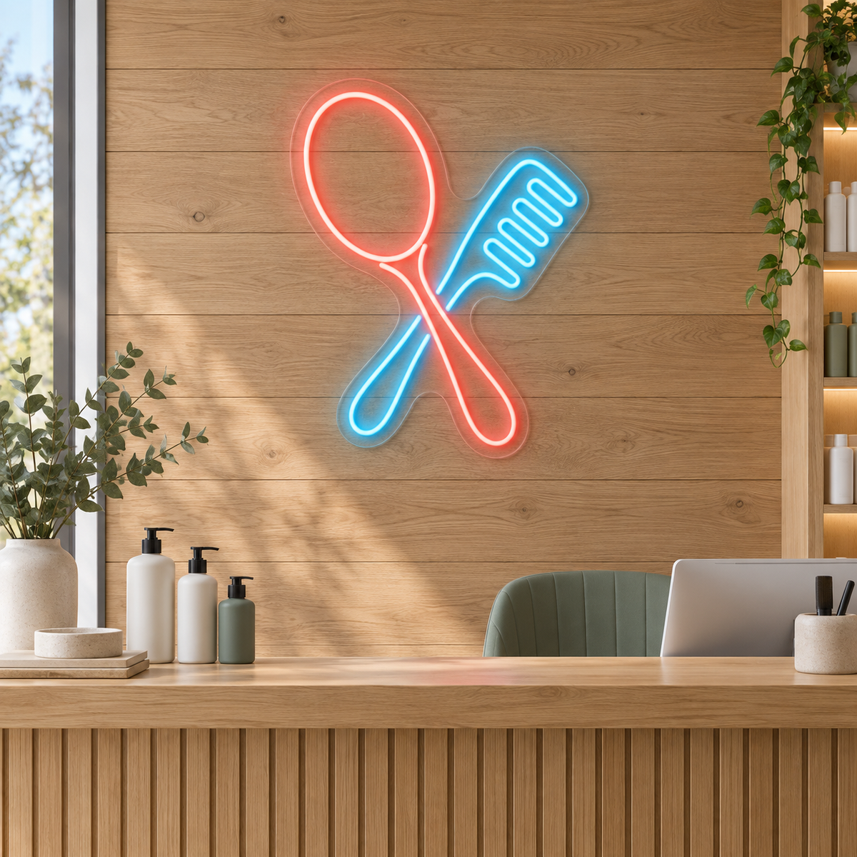 Mirror & Comb LED Neon Sign for Beauty Schools - interior setting