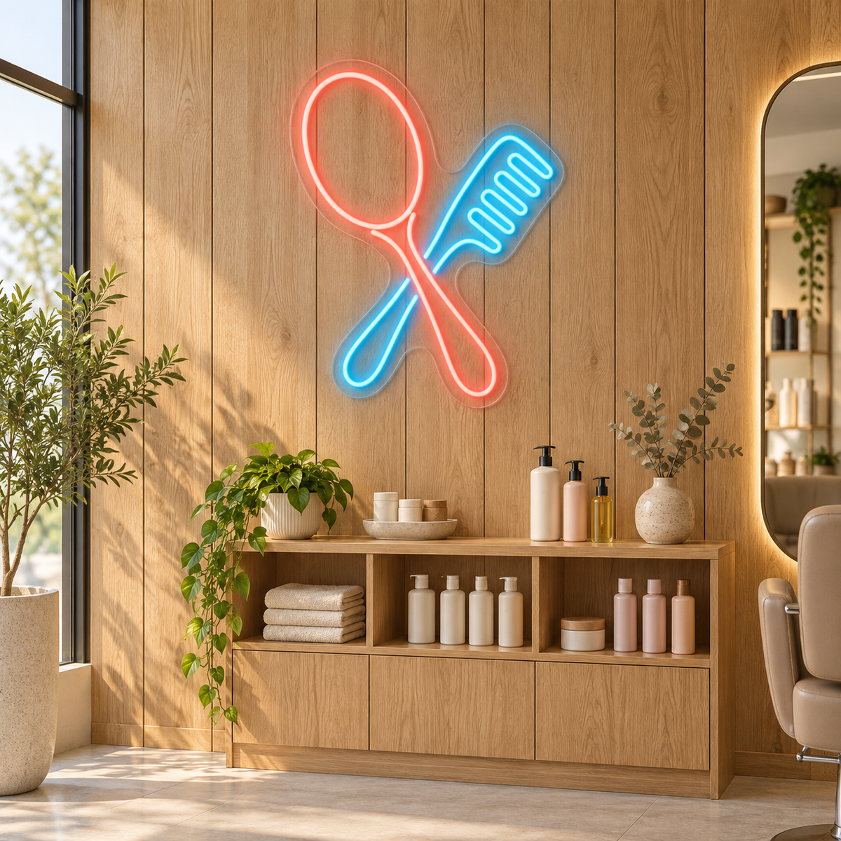 Mirror & Comb LED Neon Sign for Beauty Schools - interior setting