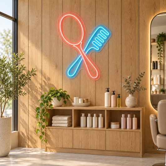Mirror & Comb LED Neon Sign for Beauty Schools - interior setting