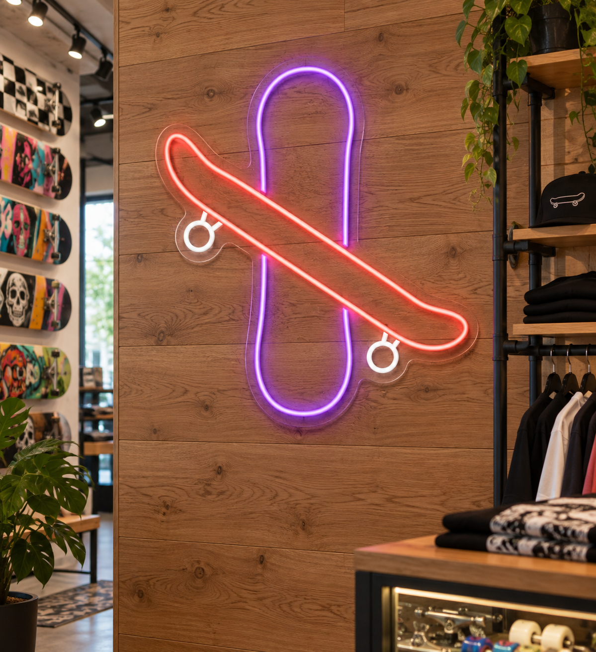 Crossed Skateboards LED Neon Sign for Skate Shops - interior setting