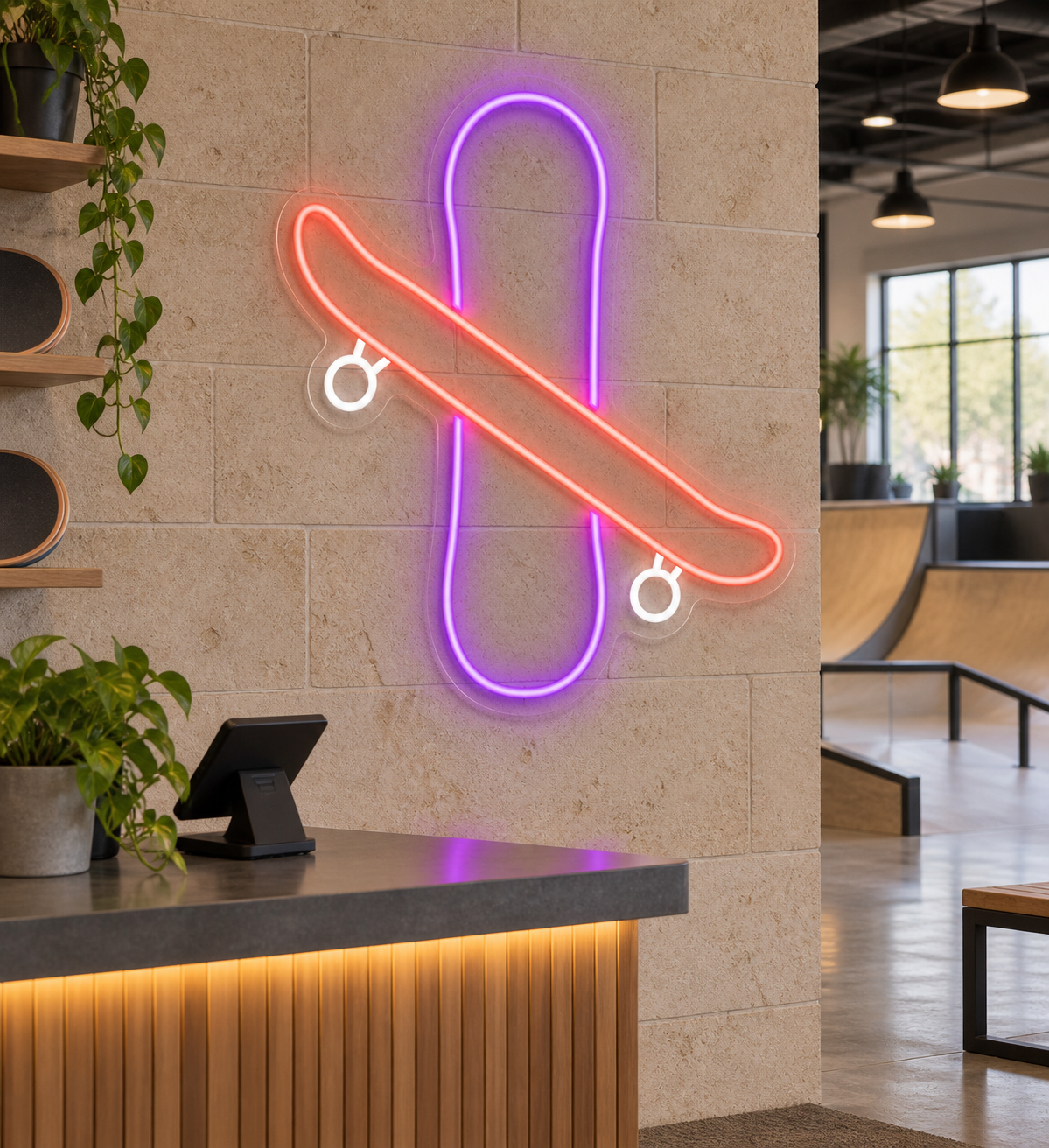 Crossed Skateboards LED Neon Sign for Skate Shops - interior setting