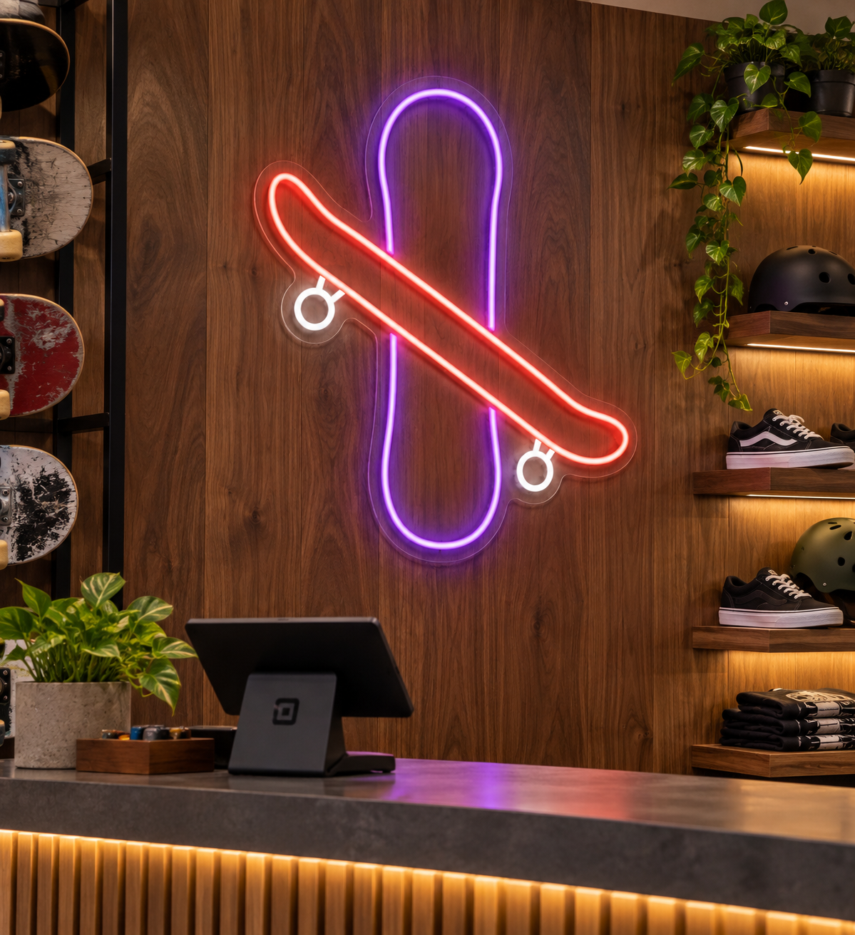 Crossed Skateboards LED Neon Sign for Skate Shops - interior setting