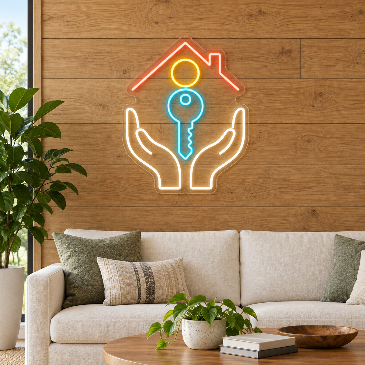 Cupped Hands & House Key LED Neon Sign for Credit Unions - interior setting