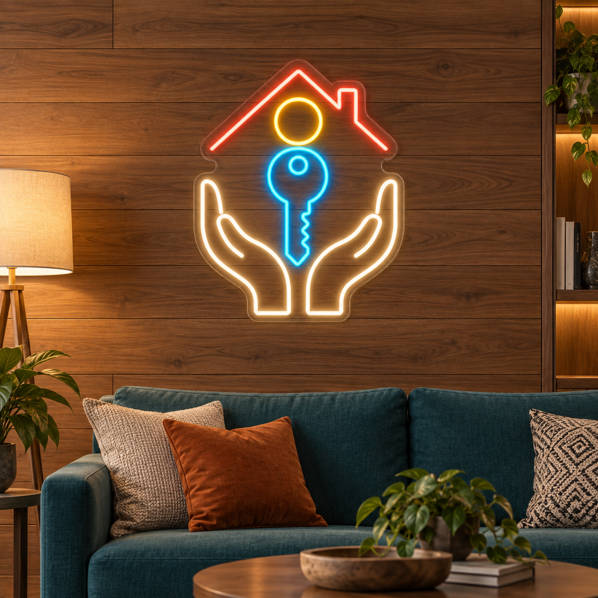 Cupped Hands & House Key LED Neon Sign for Credit Unions - interior setting