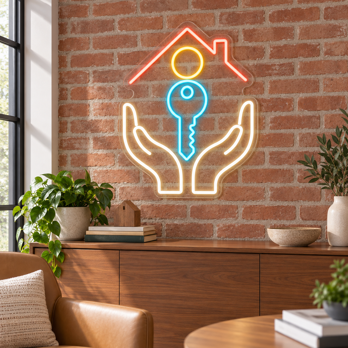 Cupped Hands & House Key LED Neon Sign for Credit Unions - interior setting