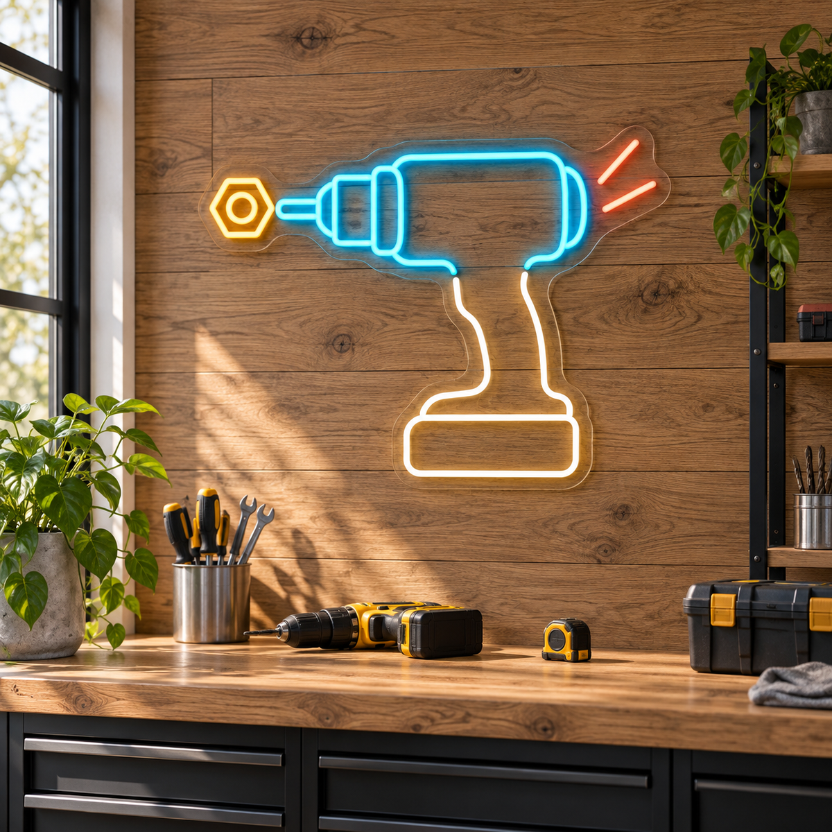 Cordless Drill & Nut LED Neon Sign for Makerspaces - interior setting