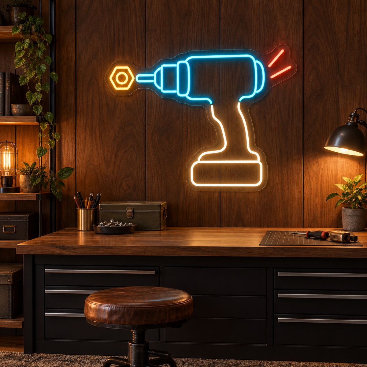 Cordless Drill & Nut LED Neon Sign for Makerspaces - interior setting