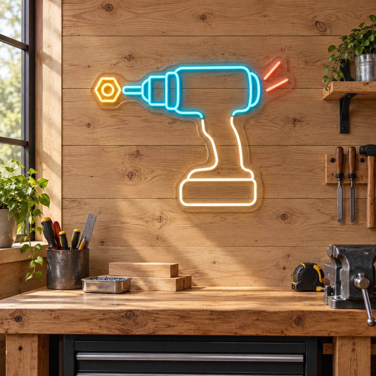 Cordless Drill & Nut LED Neon Sign for Makerspaces - interior setting