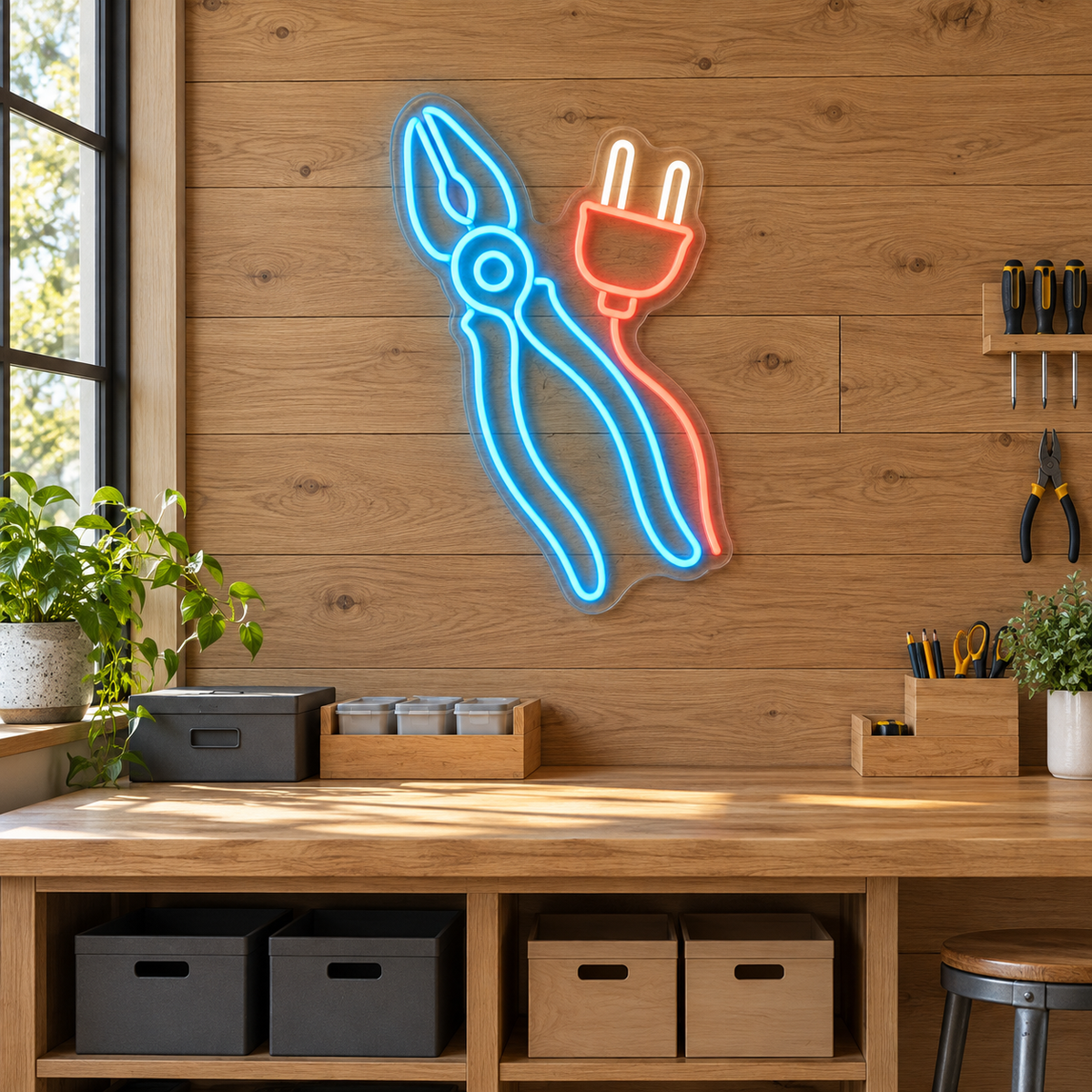 Pliers & Electrical Plug LED Neon Sign for Trade Schools - interior setting