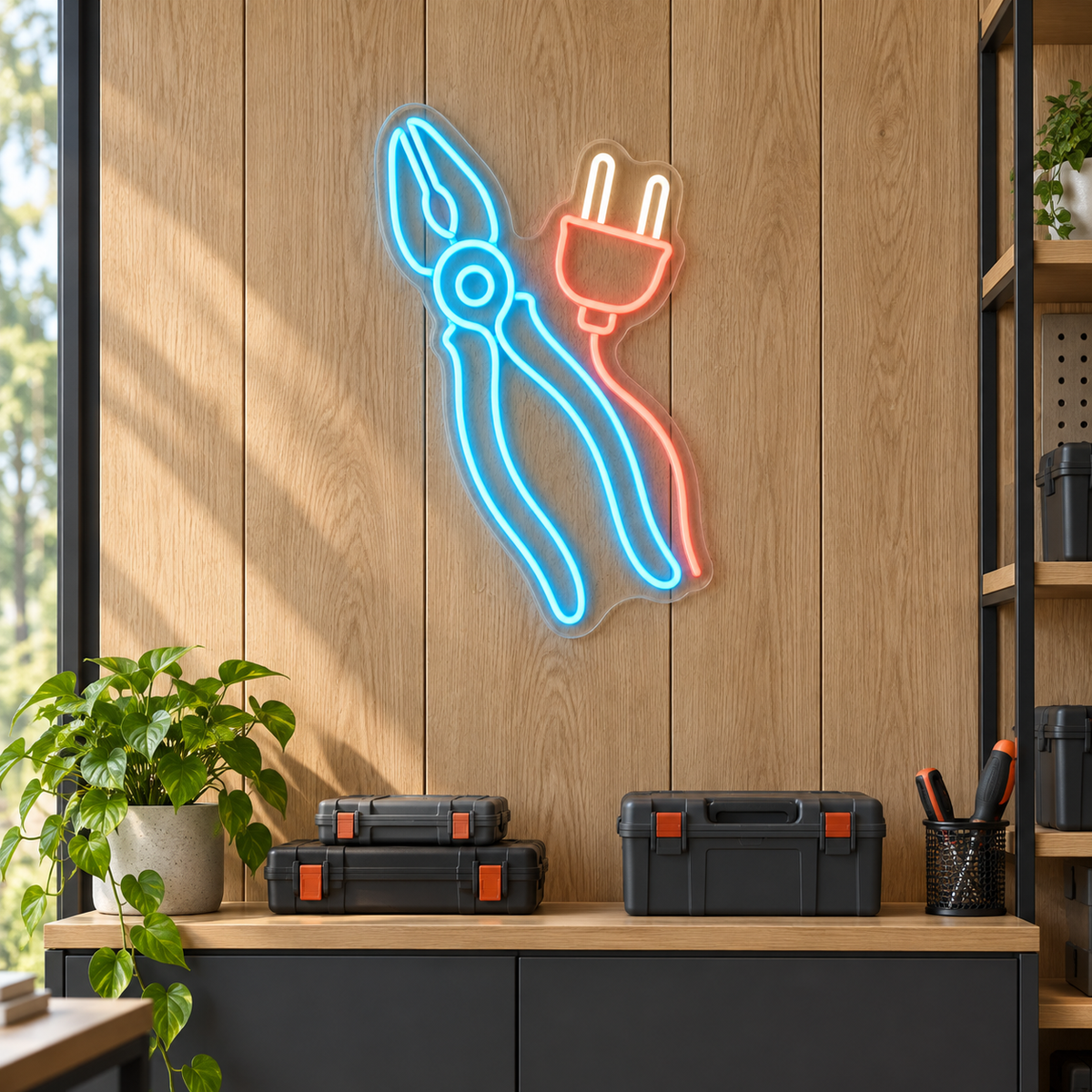 Pliers & Electrical Plug LED Neon Sign for Trade Schools - interior setting
