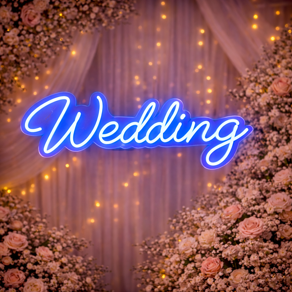 Wedding Script Blue LED Neon Sign Romantic Hanging Neon Light for Wedding Backdrop Decor