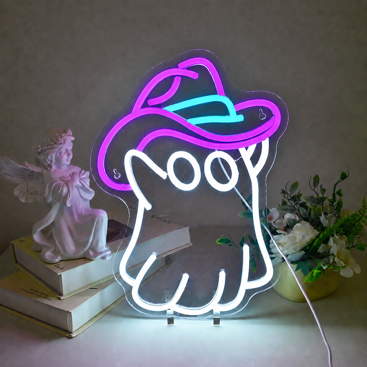 Cute Ghost Cowboy Hat LED Neon Sign Halloween Ghost Neon Light Wall Decor for Bedroom Party Room