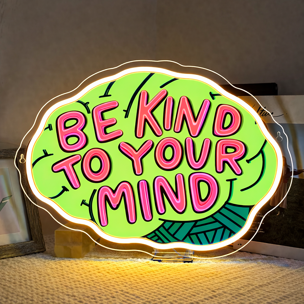 Be Kind to Your Mind LED Neon Sign Pink Brain Quote Neon Light for Bedroom Wall Decor