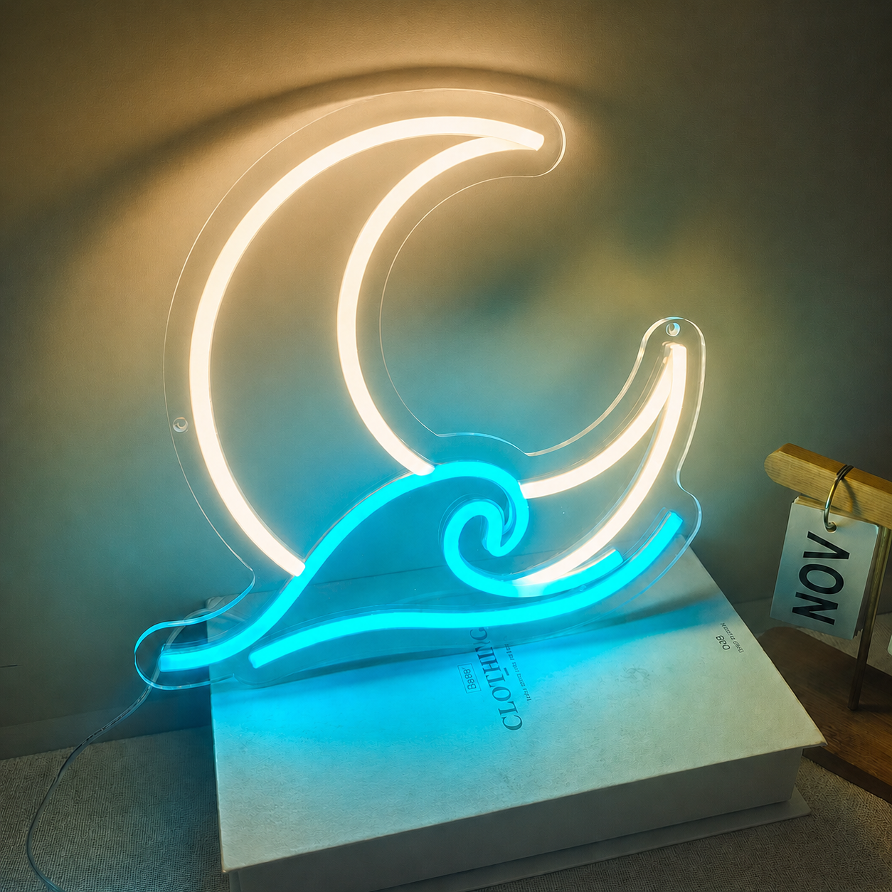 Moon and Wave LED Neon Sign Ocean Night Neon Light Wall Decor for Bedroom Beach Theme Room