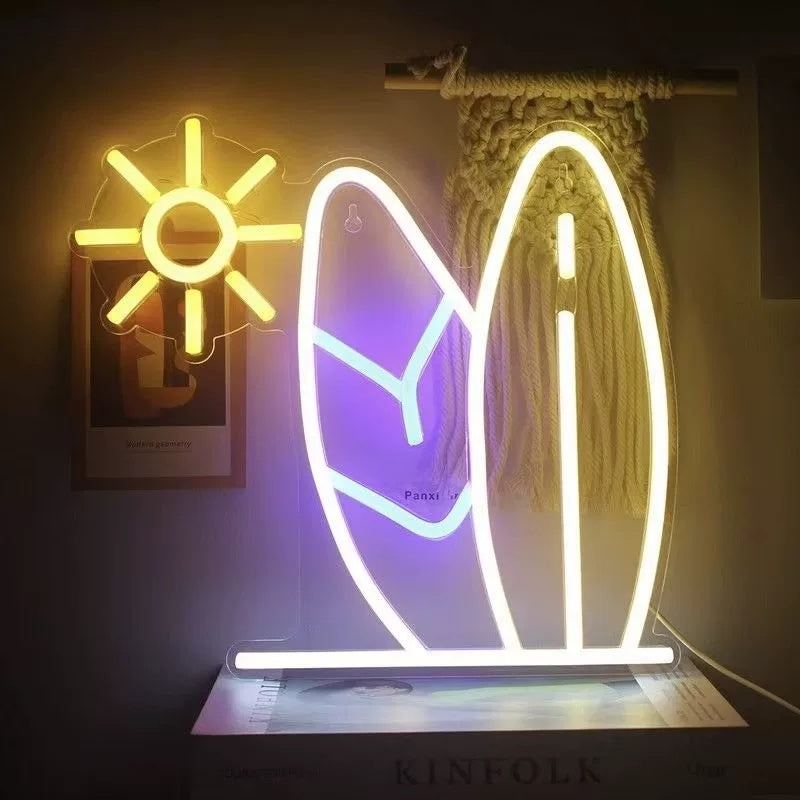 Surfboard LED Neon Sign with Sun Beach Summer Wall Decor Light