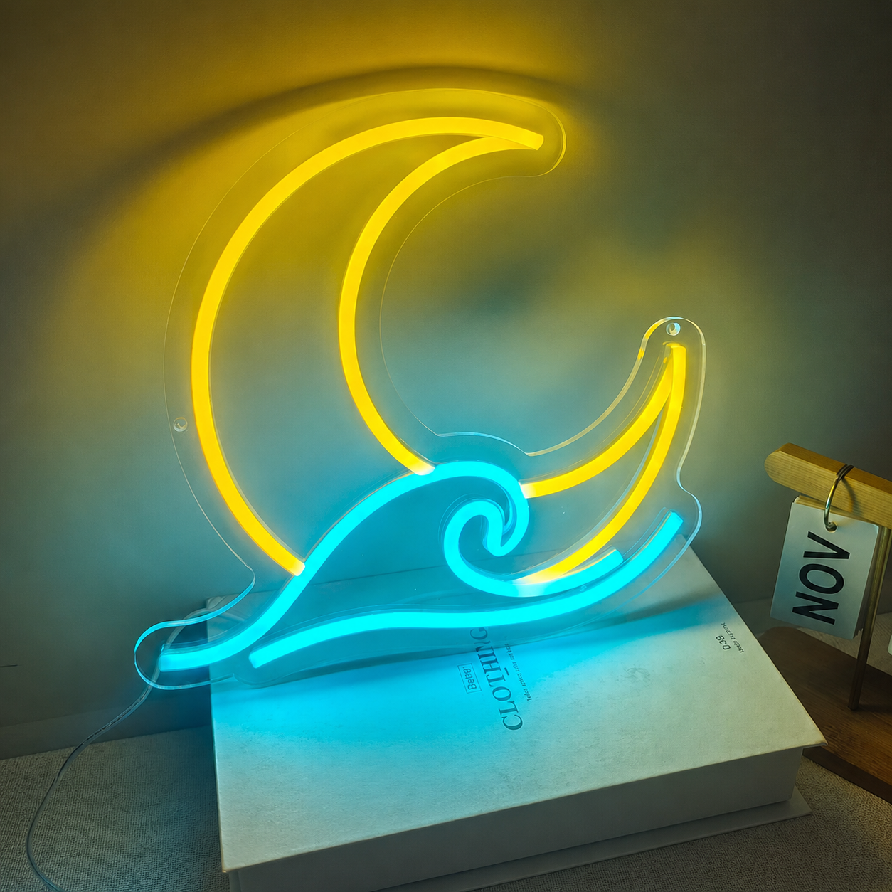 Moon and Wave LED Neon Sign Ocean Night Neon Light Wall Decor for Bedroom Beach Theme Room