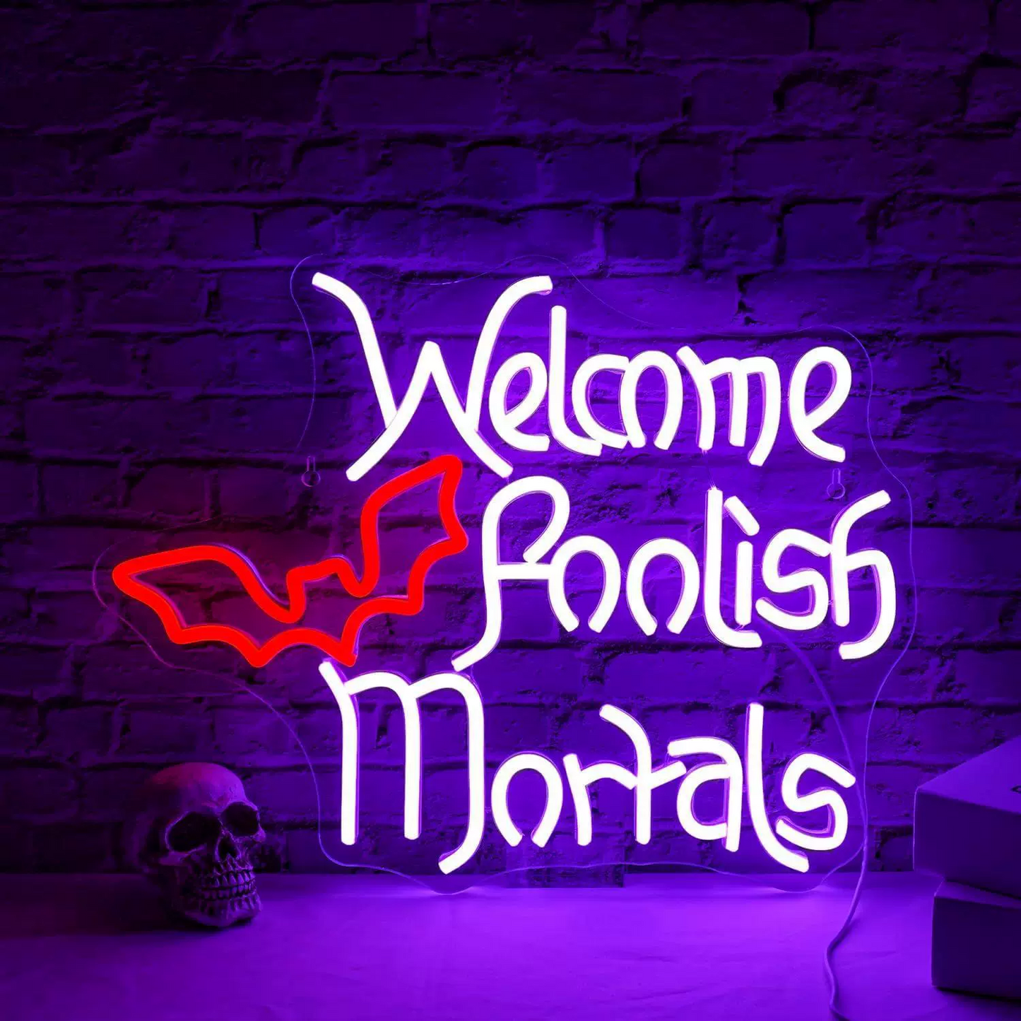 Welcome Foolish Mortals LED Neon Sign Bat Halloween Neon Light Wall Decor for Party Bar Haunted House