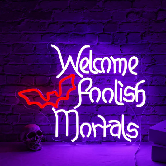 Welcome Foolish Mortals LED Neon Sign Bat Halloween Neon Light Wall Decor for Party Bar Haunted House