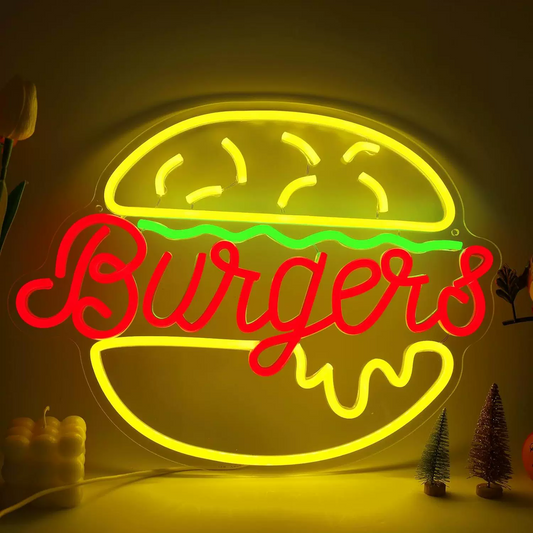 Burgers LED Neon Sign Hamburger Neon Light Wall Decor for Restaurant Cafe Kitchen Bar