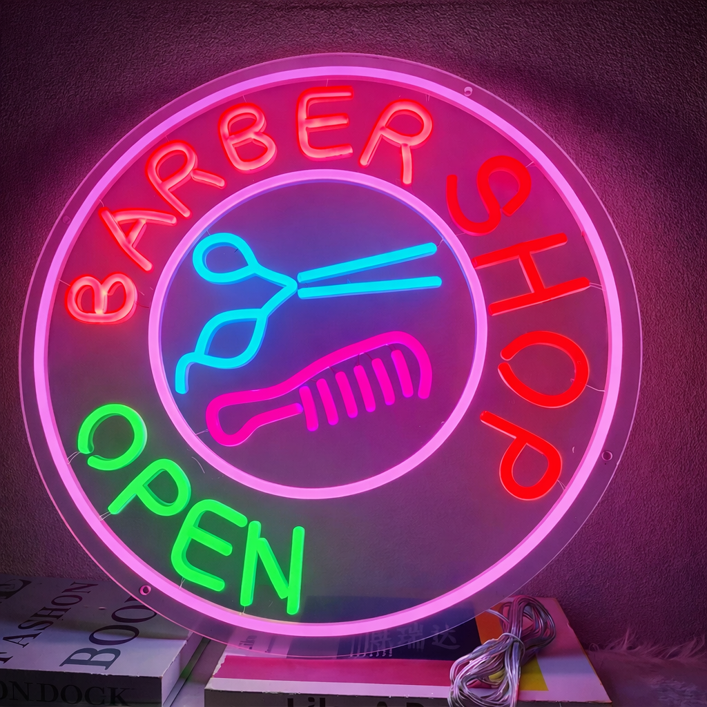 Classic Barber Shop Open Neon Sign Round LED Light with Scissors and Comb