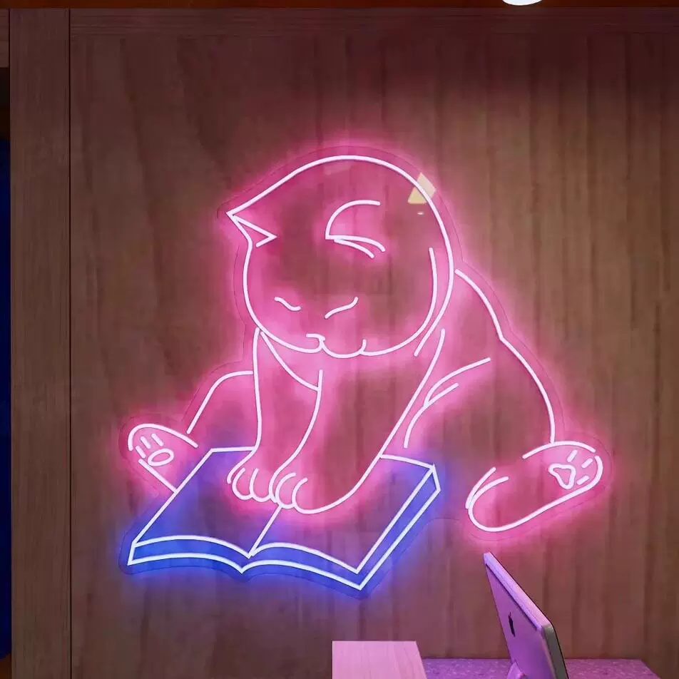 Cute Cat Reading Book LED Neon Sign Cartoon Kitty Wall Decor Light for Bedroom Kids Room Study