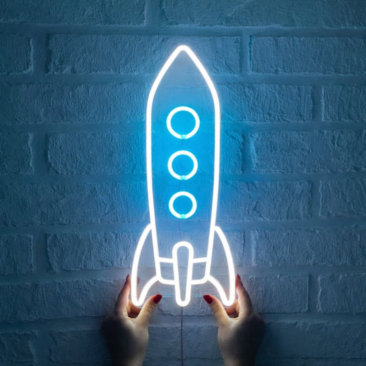 Rocket LED Neon Sign Blue White Space Neon Light for Kids Room Bedroom Gaming Wall Decor
