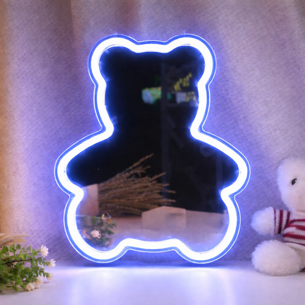 Cute Teddy Bear LED Neon Mirror Sign for Kids Room Bedroom Wall Decor