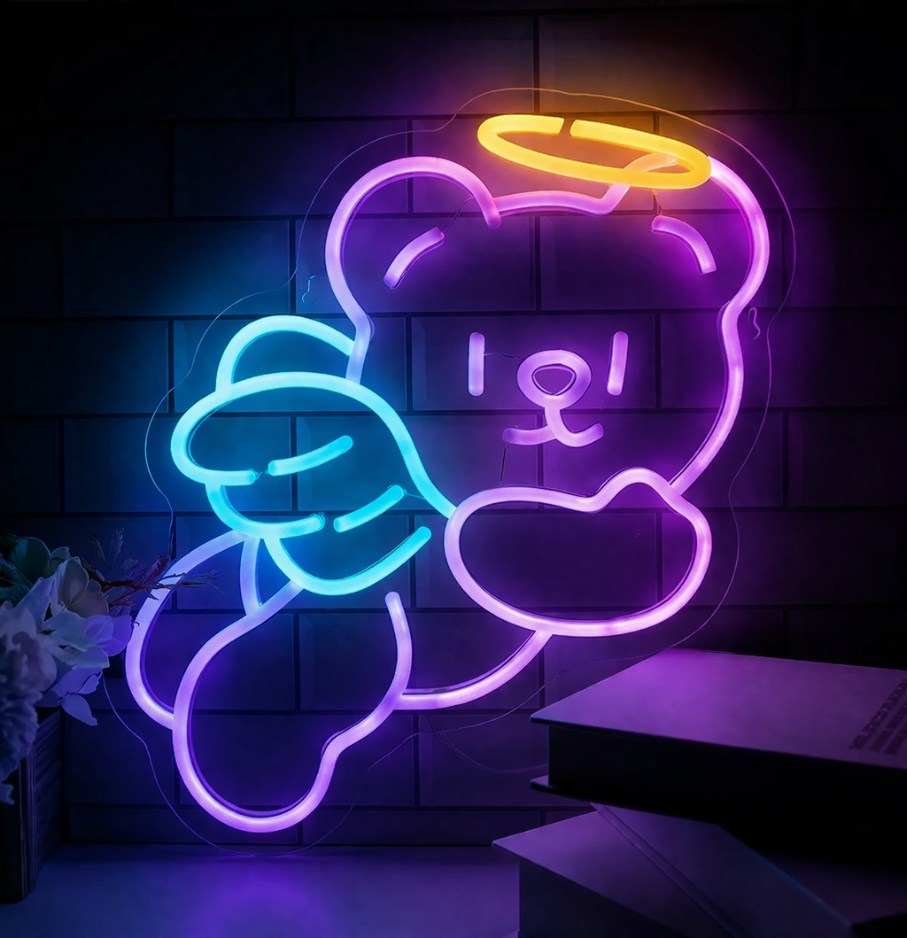 Cute Angel Bear LED Neon Sign for Bedroom Aesthetic Room Wall Decor Light