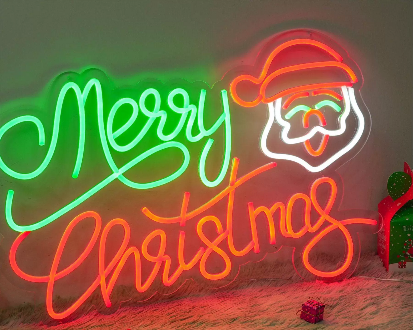 LED Merry Christmas Neon Sign with Santa Face in Red, Green and White