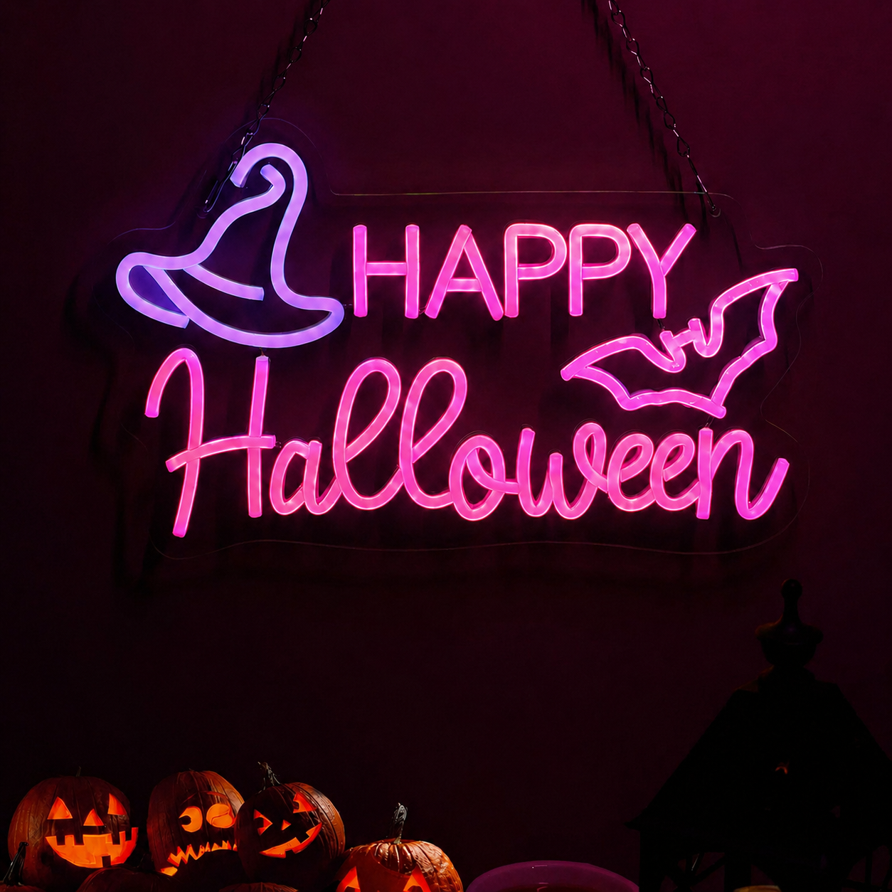 Happy Halloween LED Neon Sign Witch Hat Bat Neon Light Wall Decor for Halloween Party Home Bar