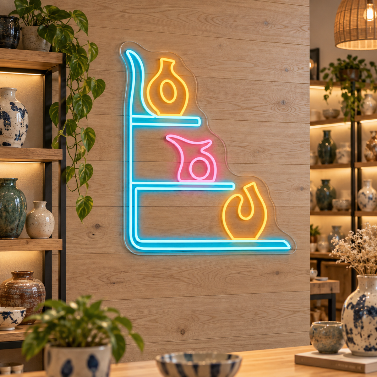 Decorative Vases on Shelves LED Neon Sign for Curated Interiors - interior setting