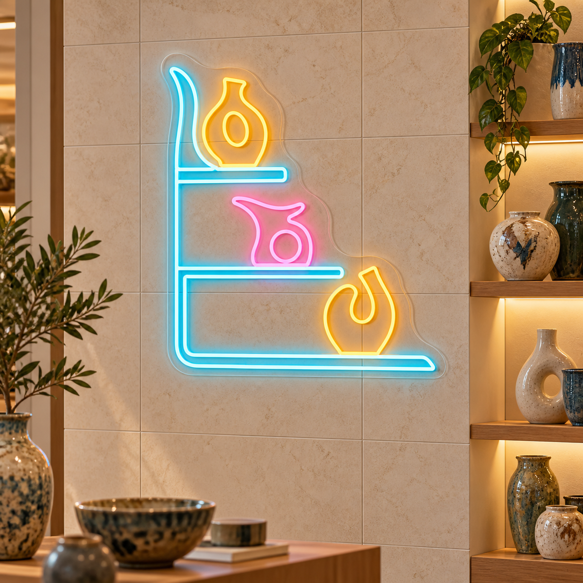 Decorative Vases on Shelves LED Neon Sign for Curated Interiors - interior setting