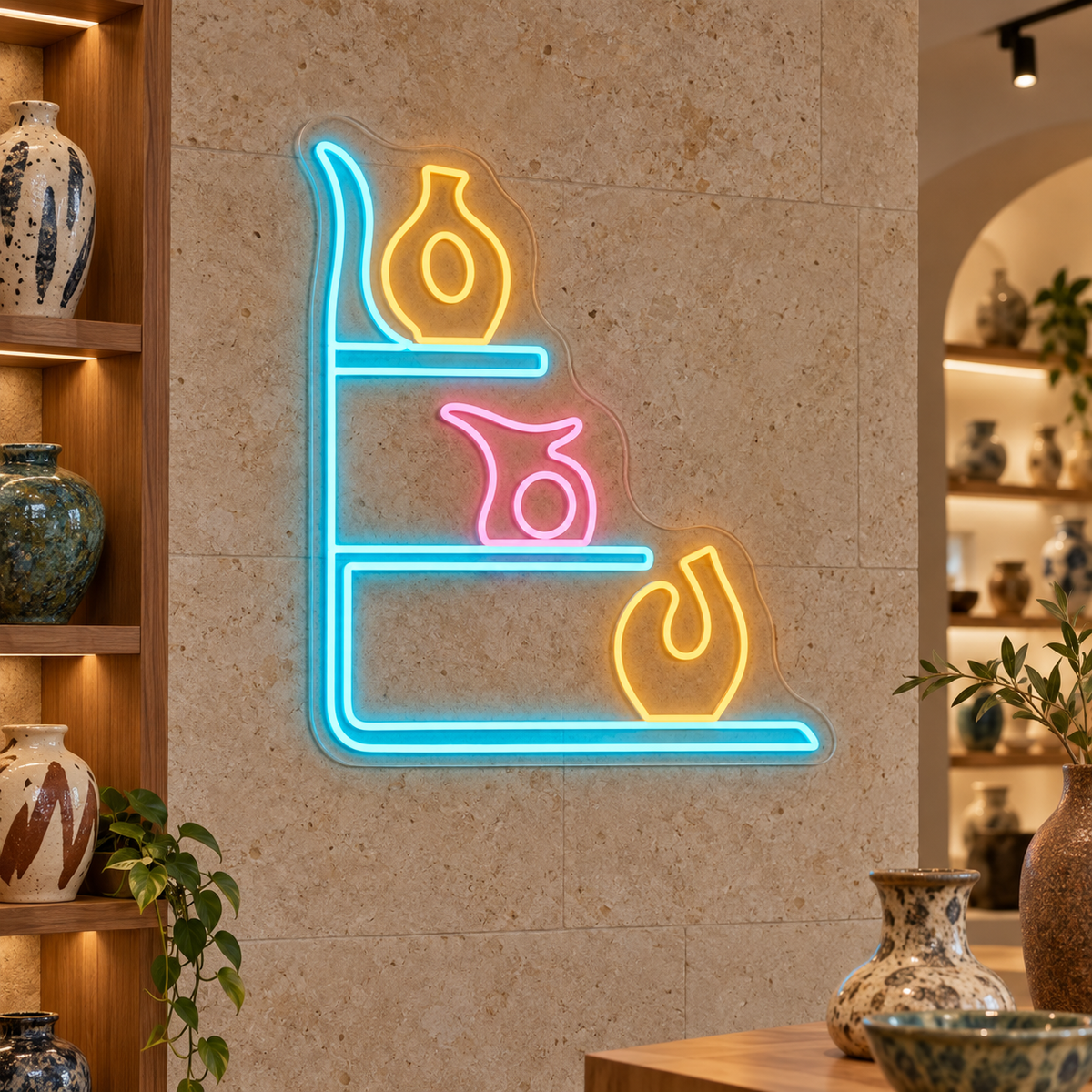 Decorative Vases on Shelves LED Neon Sign for Curated Interiors - interior setting