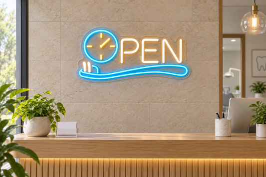 Toothbrush Clock OPEN LED Neon Sign for Kids' Dental Clinics - interior setting