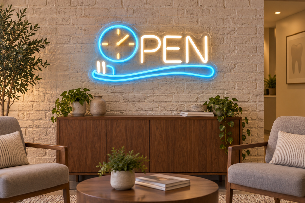 Toothbrush Clock OPEN LED Neon Sign for Kids' Dental Clinics - interior setting