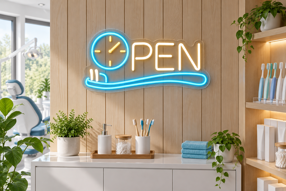 Toothbrush Clock OPEN LED Neon Sign for Kids' Dental Clinics - interior setting