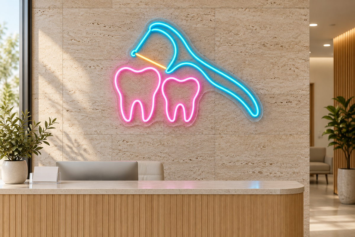 Floss Pick & Teeth LED Neon Sign for Dental Clinics - interior setting