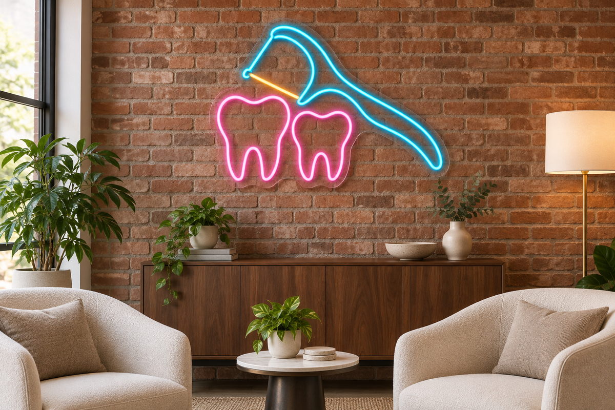 Floss Pick & Teeth LED Neon Sign for Dental Clinics - interior setting
