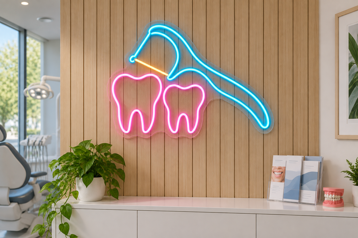 Floss Pick & Teeth LED Neon Sign for Dental Clinics - interior setting